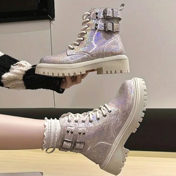 Pink sparkly platform combat boots sz 7 - Picture 1 of 10